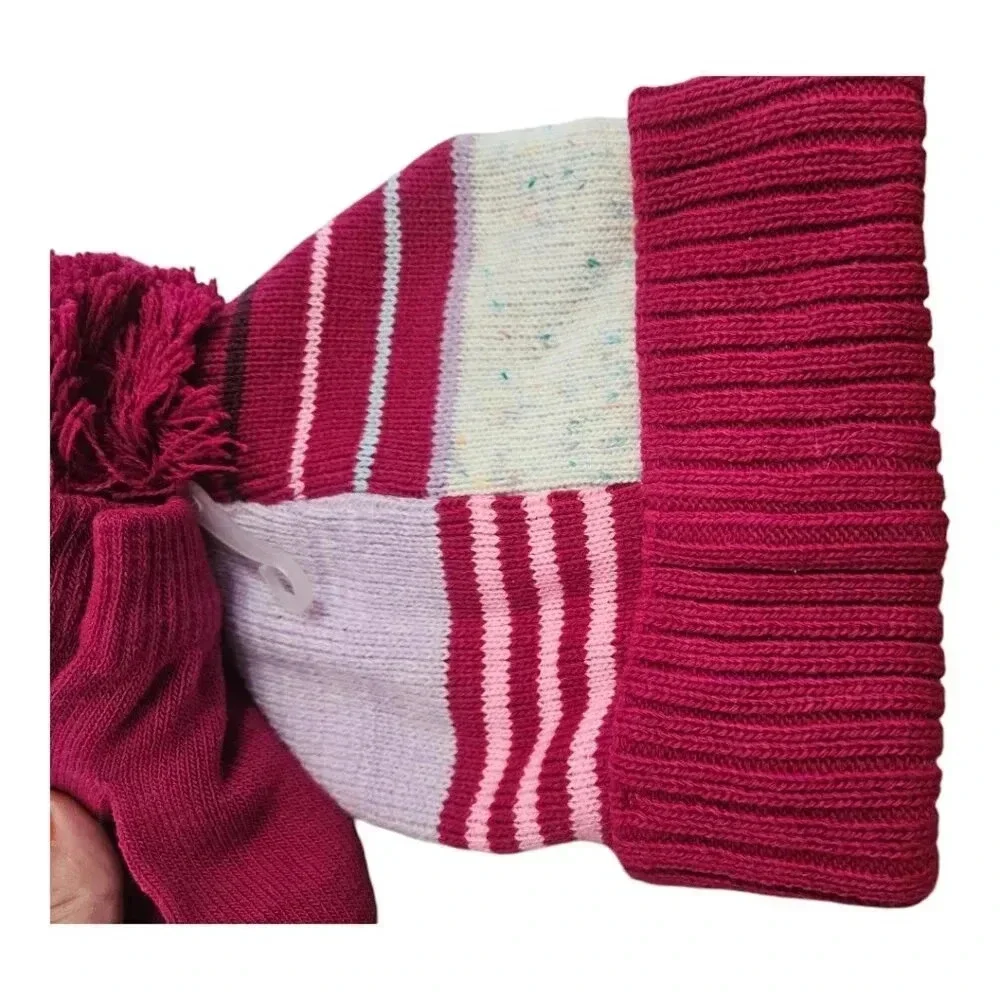 Fuschia/Pink/Red Little Girls Winter Beanie Hat and Mitten Set With Top Pom